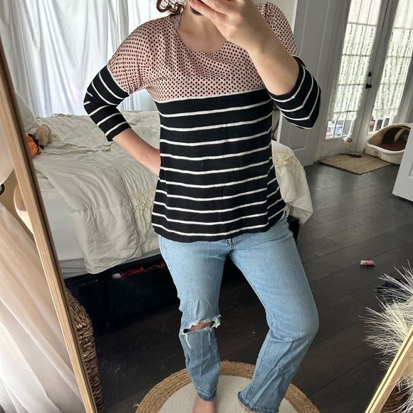 Anthropologie Postmark Polka Dot Striped 3/4 Sleeve Top - Picture 7 of 7